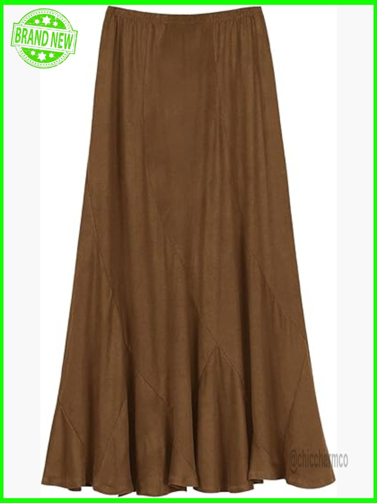 Faux Suede Elastic Waist Midi A-Line Flowy Skirt High Rise Maxi